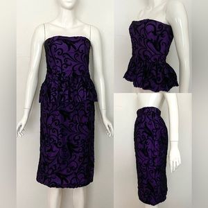 VTG LANVIN PARIS CORSET PEPLUM TOP & SKIRT SET PURPLE WITH BLACK LACE 40 SMALL